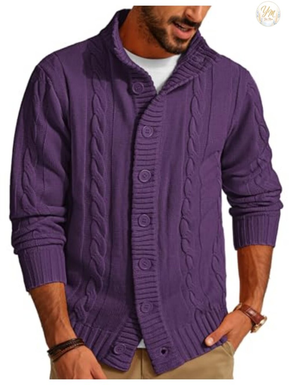 Men's Cable Knit Button Down Cardigan Sweater Mock Neck
